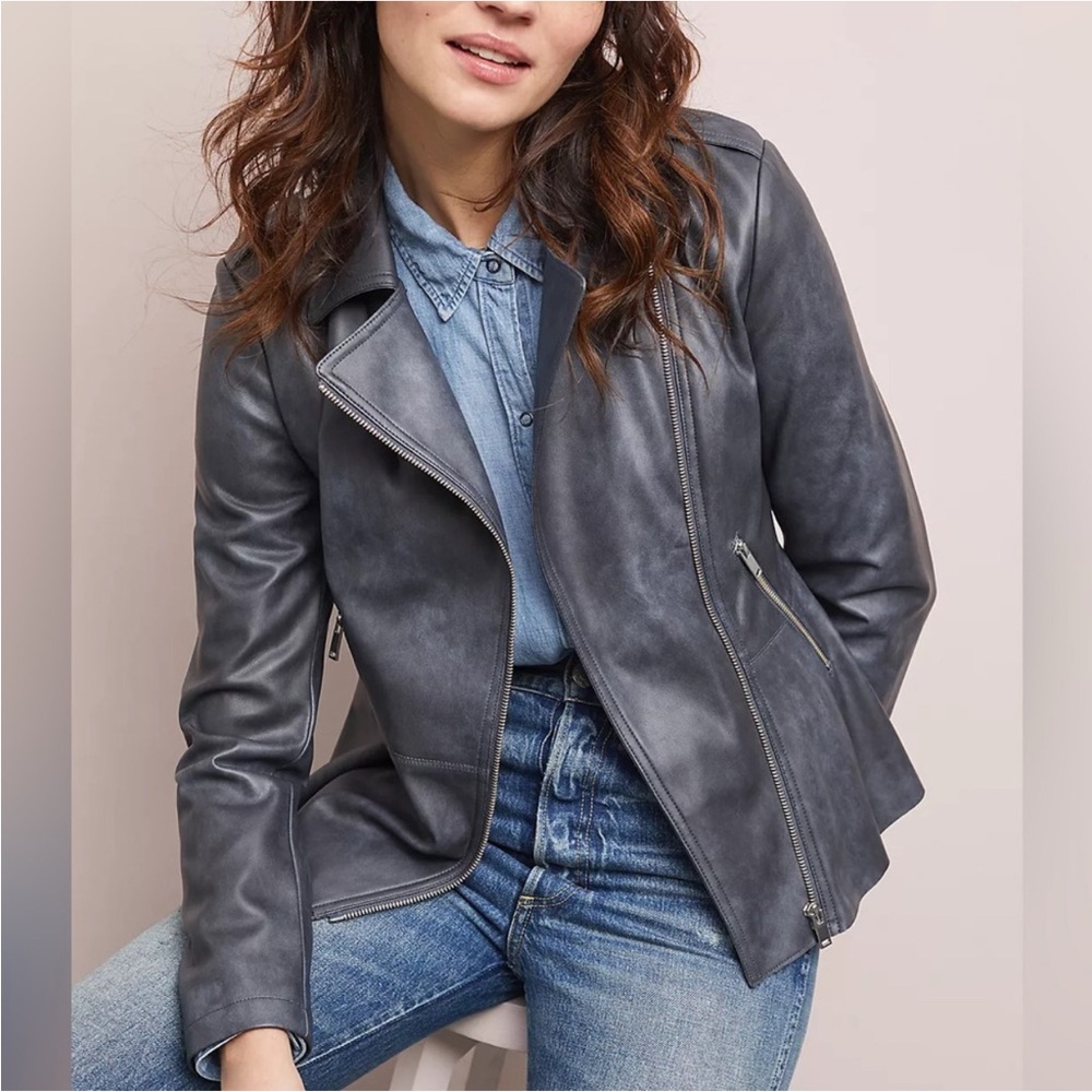 Anthropologie Gray Leather Moto Jacket with Asymmetrical Zipper
